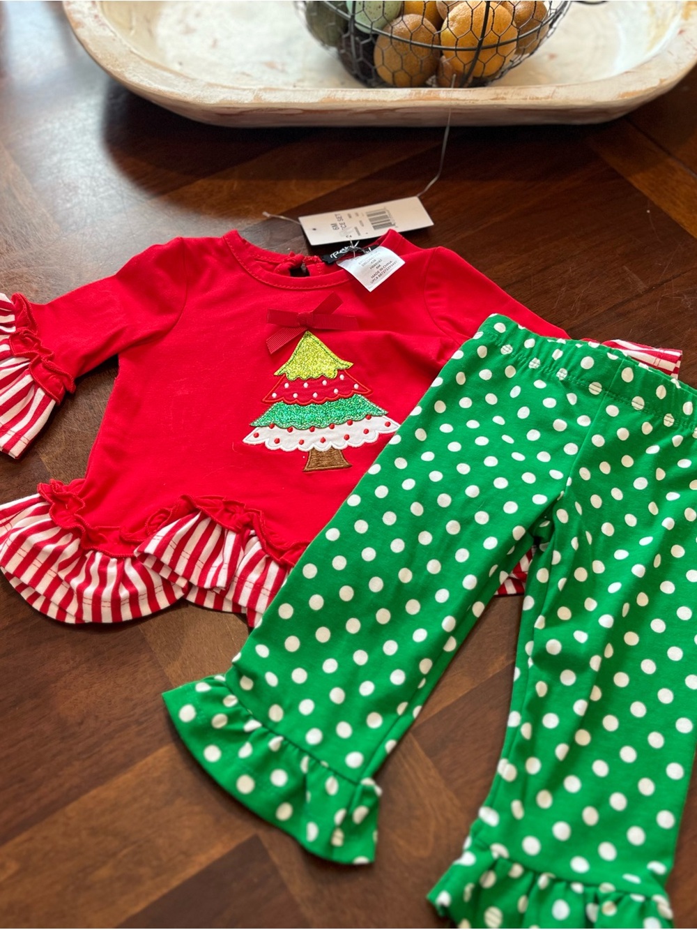 Rare Editions Red Top with Green Polka Dot Pants Holiday Set 6/9 new